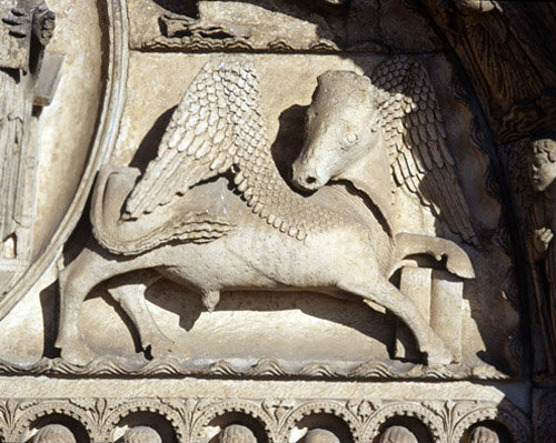 Chartres, Royal Portal, centre bay, bull, symbol of St Luke, 12th century