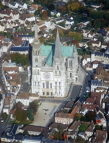 Aerial view from west, Chartres Cathedral, France