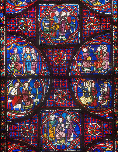 Details of the life of St Stephen, window number 41, thirteenth century, panels 3-8, north east ambulatory, Chartres Cathedral, Chartres, France