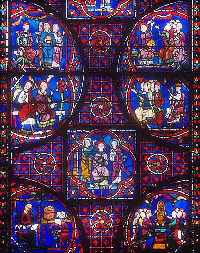 Details of the life of St Stephen, window number 41, thirteenth century, panels 1-7 north east ambulatory, Chartres Cathedral, Chartres, France