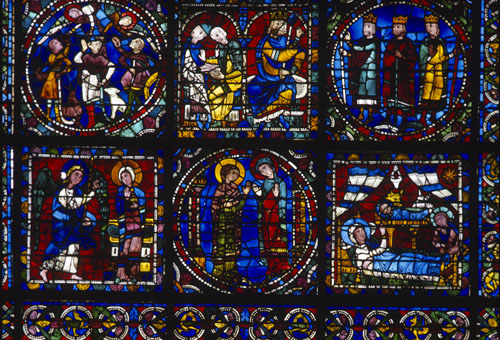 Nativity, Incarnation window, panels 1-6, 12th century stained glass, Chartres Cathedral, France