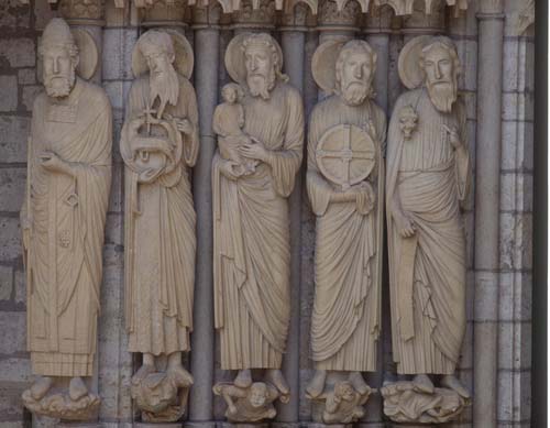 North porch central bay, Isaiah, Jeremiah, Simeon, John the Baptist and Peter, 13th century sculpture, Chartres Cathedral, France