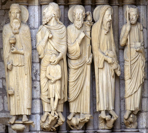 France, Chartres cathedral, north porch, central bay, left jamb, Melchizedek, Abraham, Moses and King David, 13th century sculpture