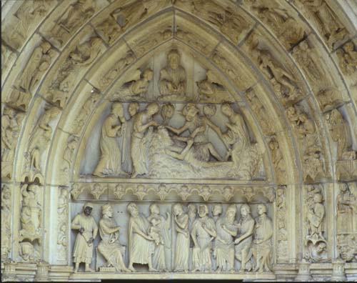 North porch, right bay, tympanum and lintel, Job on the dunghill and the judgement of Solomon, 13th century sculpture, Chartres Cathedral, France