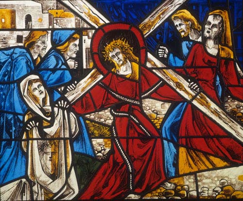 Christ carrying the cross, 1975 stained glass by Gabriel Loire, Coignieres Church, France