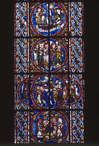 Life of Virgin window, detail of four 12th century stained glass roundels, north triforium, Angers Cathedral, France