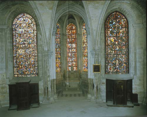 Passion window on left, Apocalypse window on right, 13th century stained glass, Chapel of our Lady, Bourges Cathedral, France