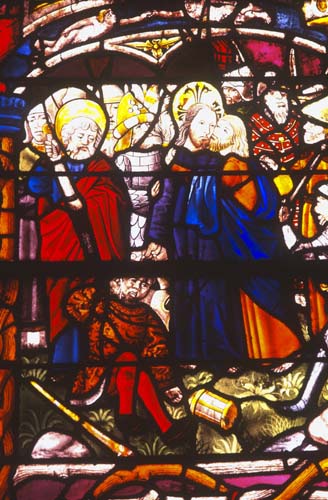 Betrayal, 15th century stained glass panel,  Church of La Madeleine, Troyes, France