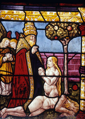 The Creation of Eve from Adams rib panel from the Creation window in La Madeline at Troyes France