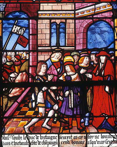 Submission of Thibault, detail of sixteenth century St Louis window, church of La Madeleine, Troyes, France