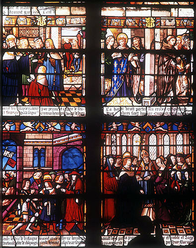 France, Troyes, La Madeleine, life of St Louis, top row left to right Louis punishing miscreants, mortification of Louis