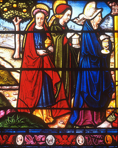 Three Marys at empty tomb, detail from fifteenth century Passion  window, Church of La Madeleine, Troyes, France