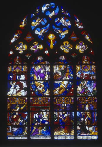 Coronation of the Virgin, 16th century stained glass, Notre Dame, Chalons-en-Champagne formerly Chalons-sur-Marne, France