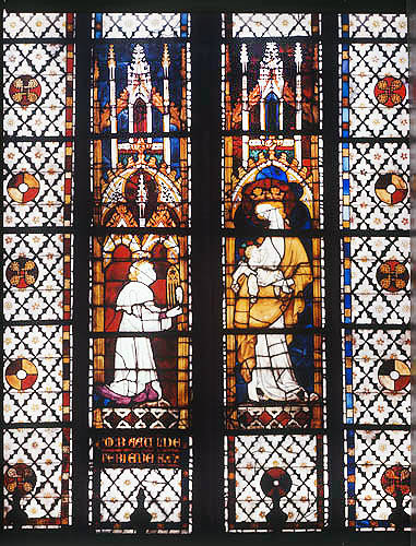 Donor Raoul de Ferrieres presenting model of window to Virgin anad Child, fourteenth century, north clerestory, Evreux Cathedral, France