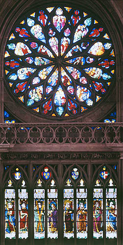 South rose window, Coronation of the Virgin, and apostles, sixteenth century, Evreux Cathedral, France