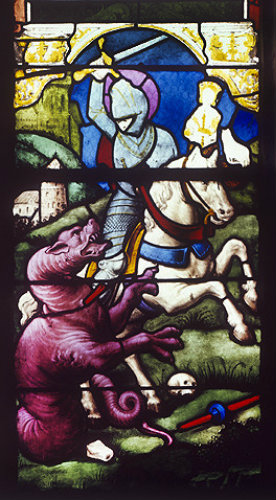 St George and the dragon, sixteenth century window, chapel V, Evreux Cathedral, France