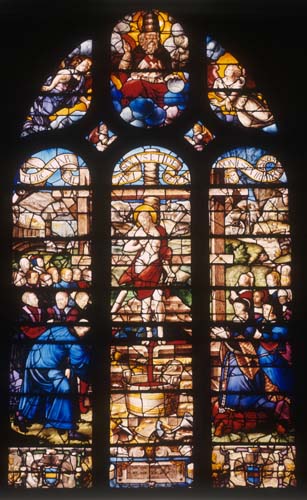 Christ the wine press, 16th century stained glass, Church of St Foy, Conches, France