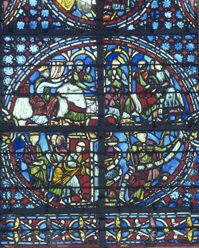 Clement of Chartres, 13th century French glass-maker with his signature, in Latin, 13th century stained glass, Rouen Cathedral, France