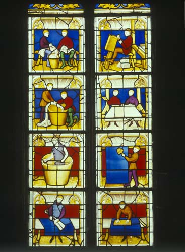 Drapers window, 15th century stained glass, Notre Dame, Semur-en-Auxois, France