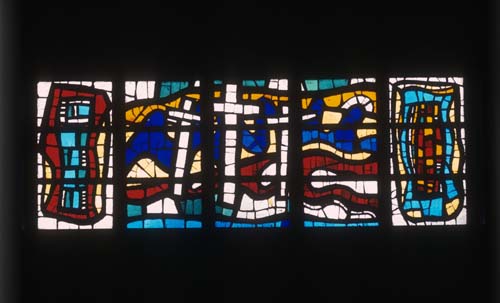 Three crosses of Calvary, 20th century stained glass by Fernand Leger, Audincourt, France