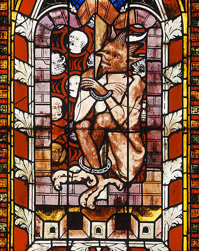 Chained devil, Resurrection window, 1308-45, Chapel of St Lawrence, Strasbourg Cathedral, France