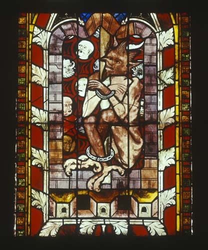 Chained devil, detail from Resurrection Window, 14th century stained glass, St Lawrence Chapel, Strasbourg Cathedral, France