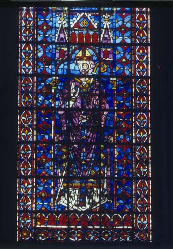 Bishop, 13th century stained glass, nave of Rheims Cathedral, France