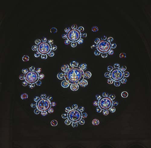 North Rose window, 13th century stained glass, restored, Laon Cathedral, France