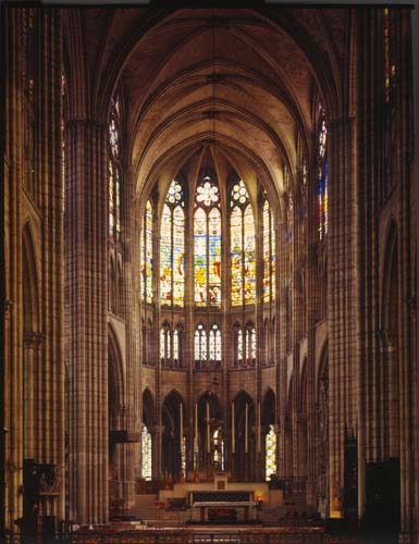 High altar and 12th century apse and window in apse, St Denis, Paris, France