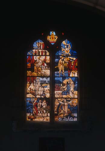 Calling of Peter and Andrew, Christs charge to Peter, Noah, 20th century stained glass window by Gabriel Loire, Coignieres, France