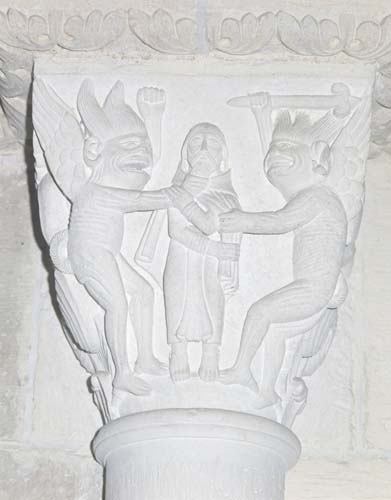 St Anthony being tempted, 12th century carved capital, Vezelay, France