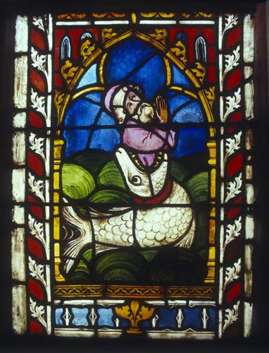 Jonah and the whale, 14th century German stained glass, Church of St Etienne, Mulhouse, France