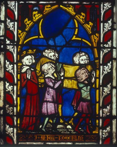 David at the funeral of Abner,14th century German stained glass, Church of St Etienne, Mulhouse, France