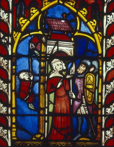 Flight of David planned by Michal, 14th century German stained glass, Church of St Etienne, Mulhouse, France