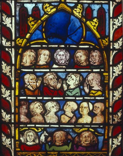 Souls in Heaven, Hell and Limbo, 14th century German stained glass, Church of St Etienne, Mulhouse, France