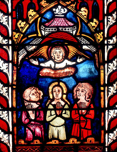 Shadrach, Meshach ad Abednego, three youths in the burning fiery furnace, fourteenth century German panel, Church of St Etienne, Mulhouse, France