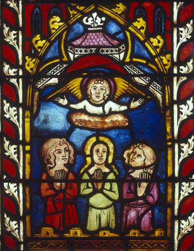 Three youths in the burning fiery furnace, 14th century German stained glass, Church of St Etienne, Mulhouse, France