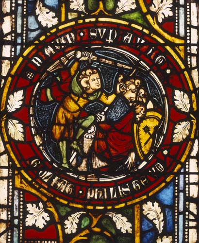 David slaying Goliath, 14th century German stained glass panel, Church of St Etienne, Mulhouse, France