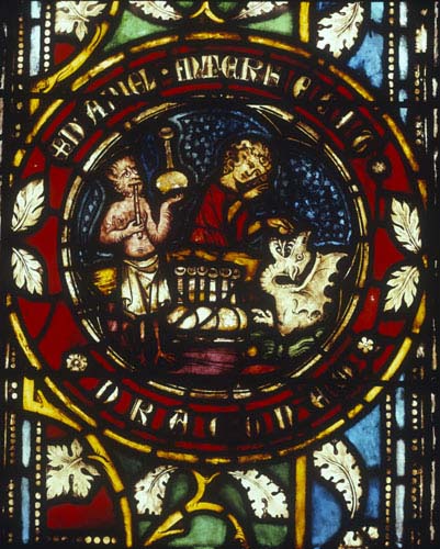 Daniel kills the dragon with a pill, 14th century German stained glass, Church of St Etienne, Mulhouse, France