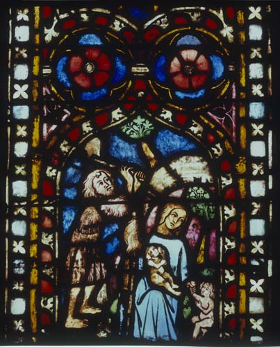 Adam and Eve and their children, 14th century German stained glass, Church of St Etienne, Mulhouse, France