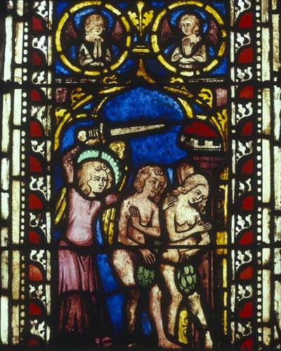 Expulsion of Adam and Eve, 14th century German stained glass, Church of St Etienne, Mulhouse, France