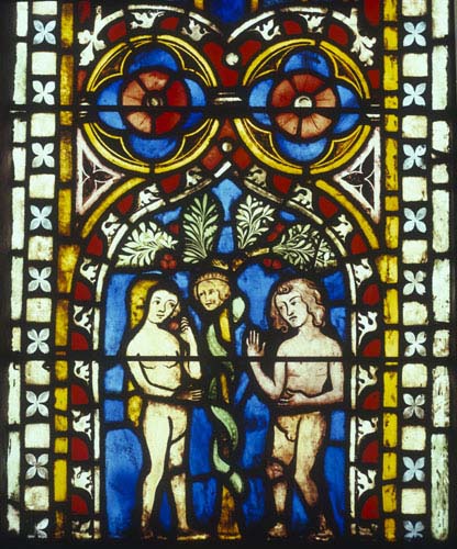Temptation of Adam and Eve, 14th century German stained glass, Church of St Etienne, Mulhouse, France