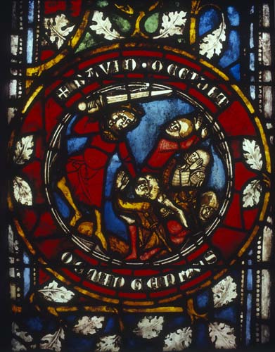 David slays the Philistines, 14th century German stained glass, Church of St Etienne, Mulhouse, France