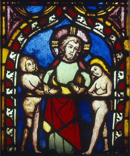 Marriage of Adam and Eve, 14th century German stained glass, Church of St Etienne, Mulhouse, France