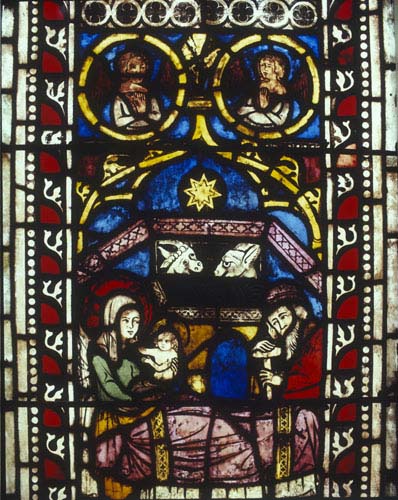 Nativity, 14th century German stained glass, Church of St Etienne, Mulhouse, France