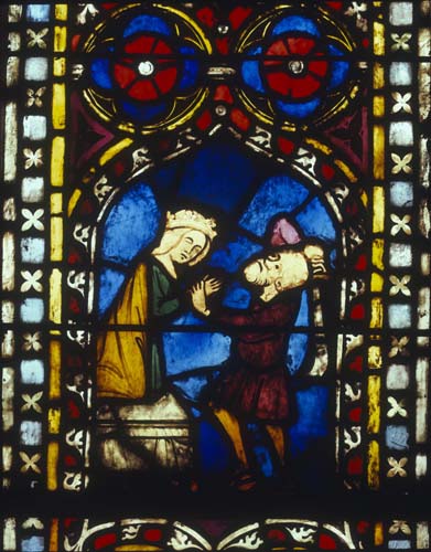 Jephthah sacrifices his daughter, 14th century German stained glass, Church of St Etienne, Mulhouse, France