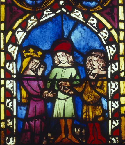 Marriage of Tobias and Sarah, 14th century German stained glass, Church of St Etienne, Mulhouse, France