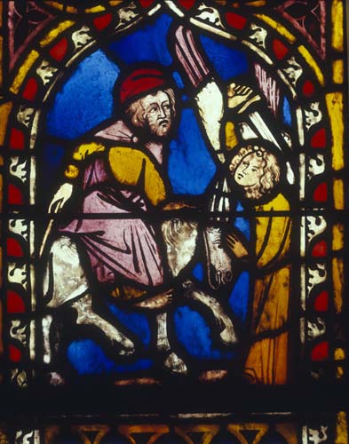 Balaam and the ass, 14th century German stained glass, Church of St Etienne, Mulhouse, France