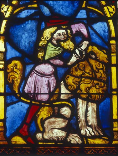Samson and the lion, 14th century German stained glass, Church of St Etienne, Mulhouse, France