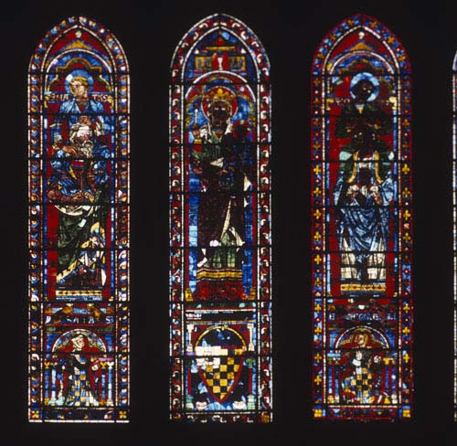 Lancets below the south rose, 13th century stained glass, Chartres Cathedral, France